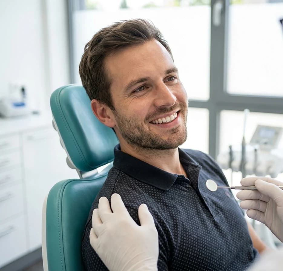 A patient smiling in the chair after cosmetic treatment