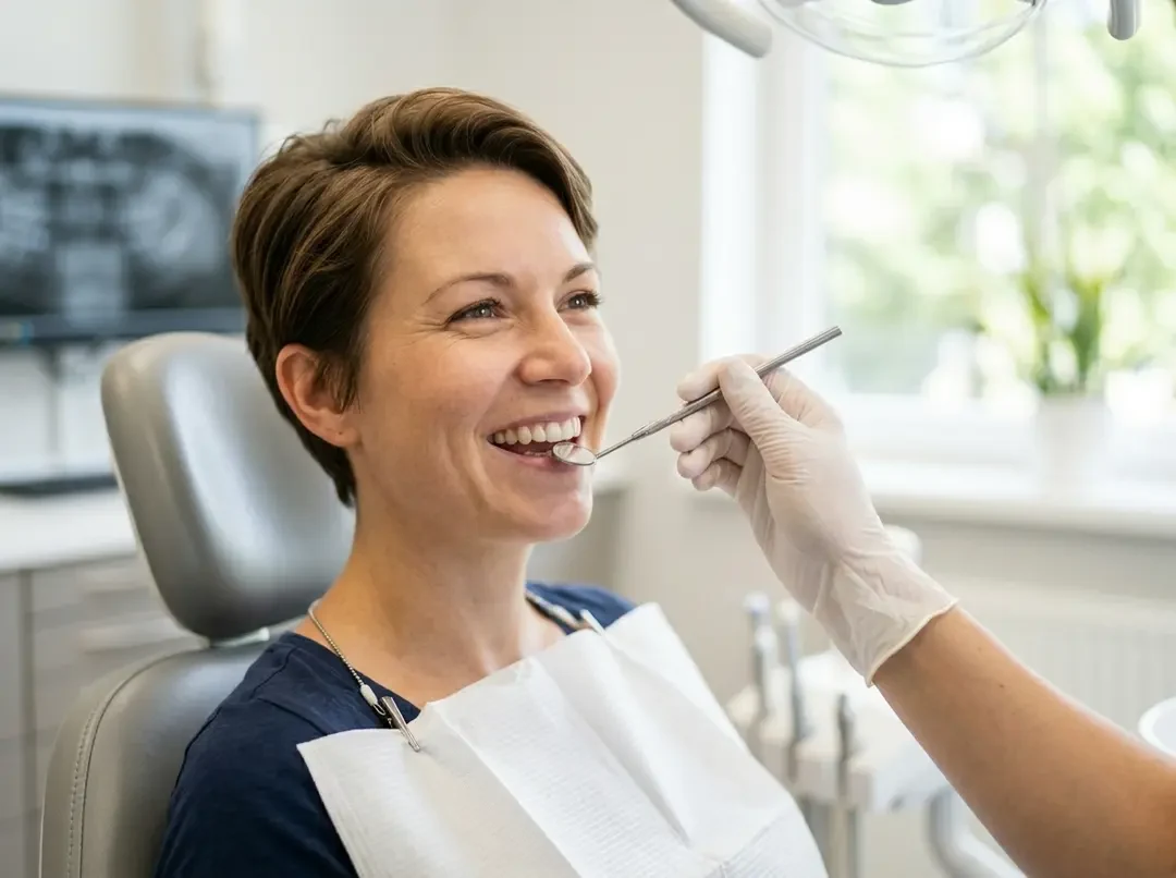 Happy patient with completed dental implants