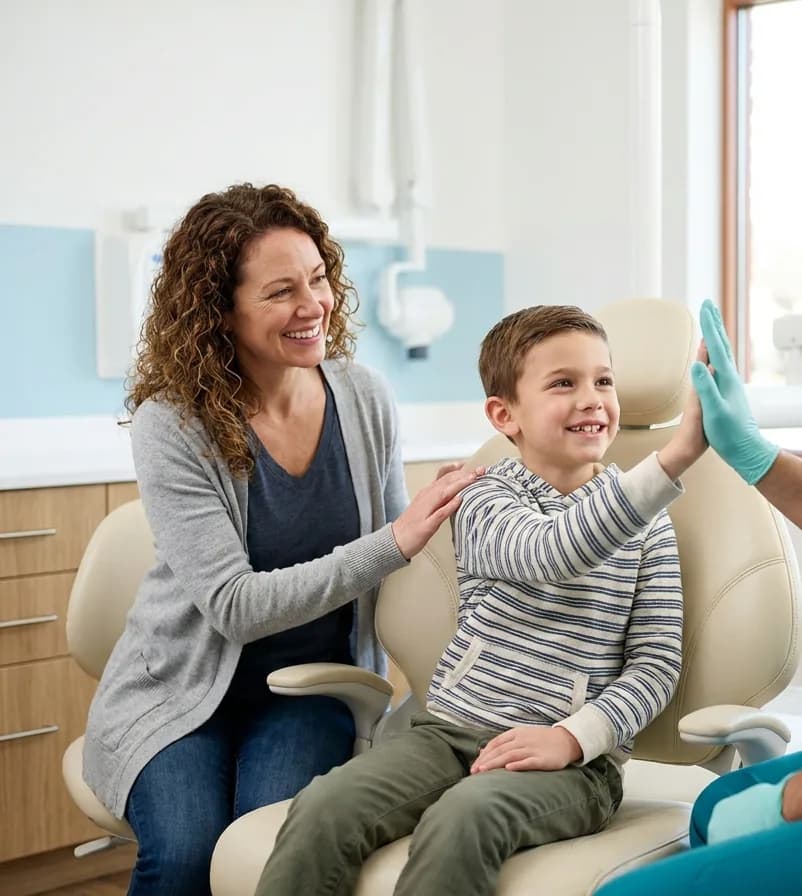 A child high-fiving the dental team beside their parent in the treatment chair
