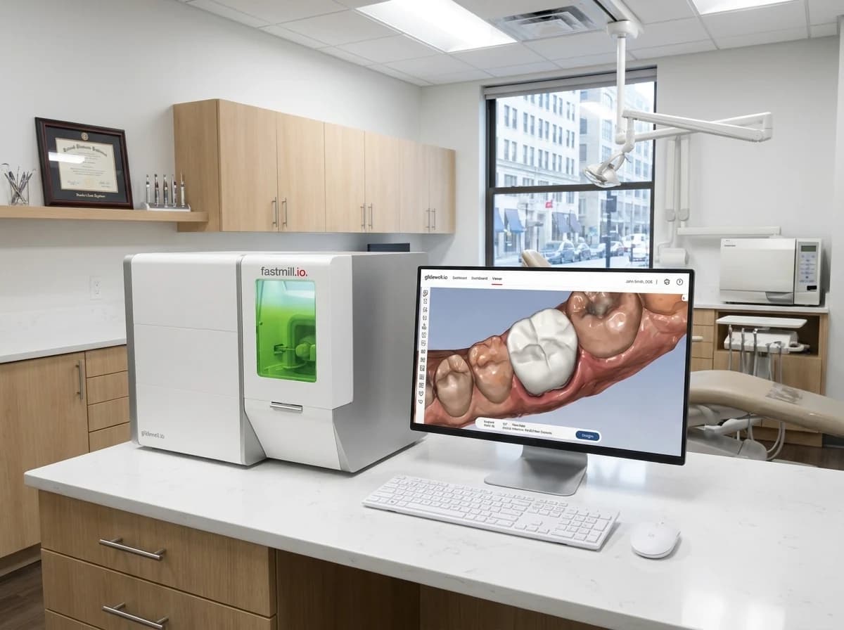 Our in-office glidewell.io design station and milling unit