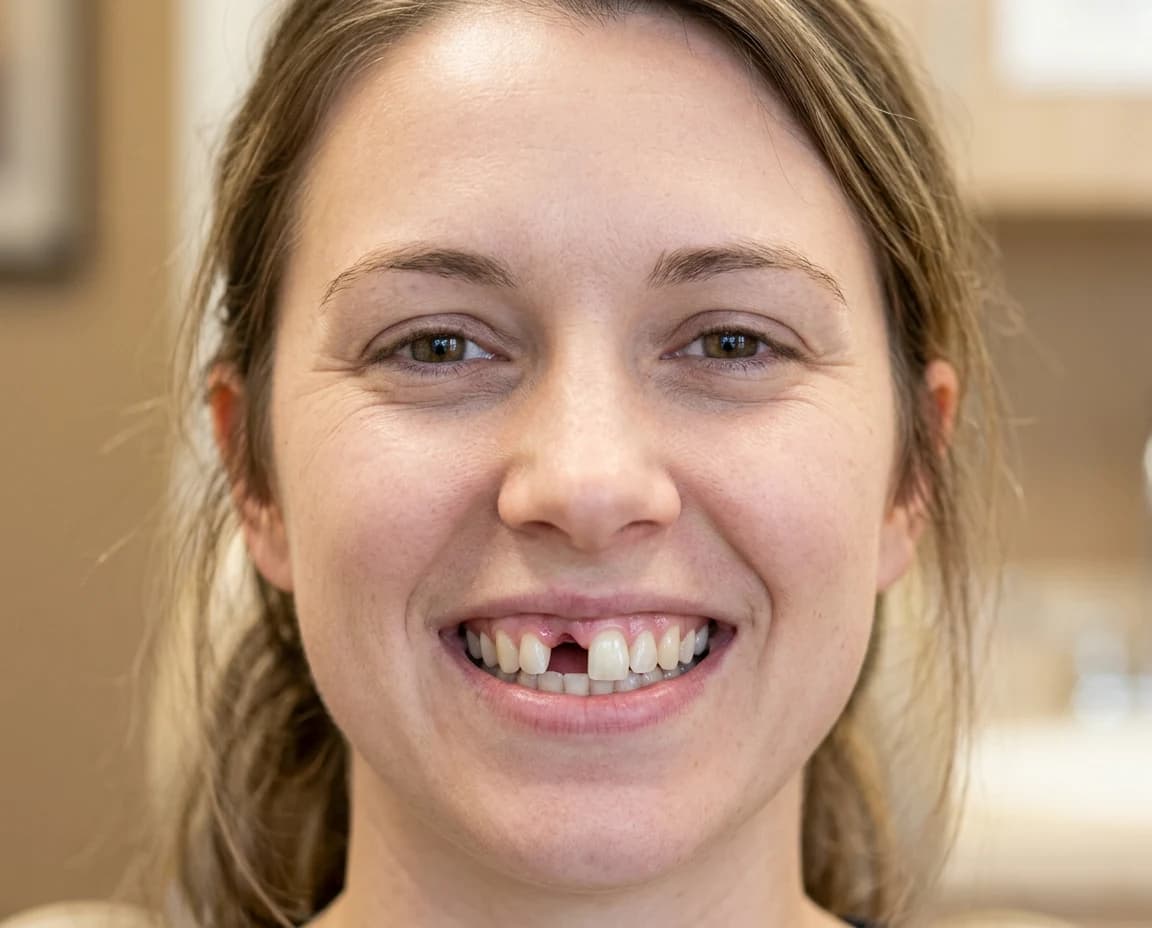 A front tooth, whole again, before treatment