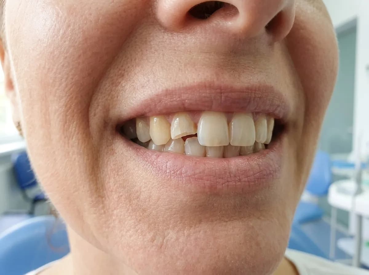 Close-up of a patient's chipped front tooth
