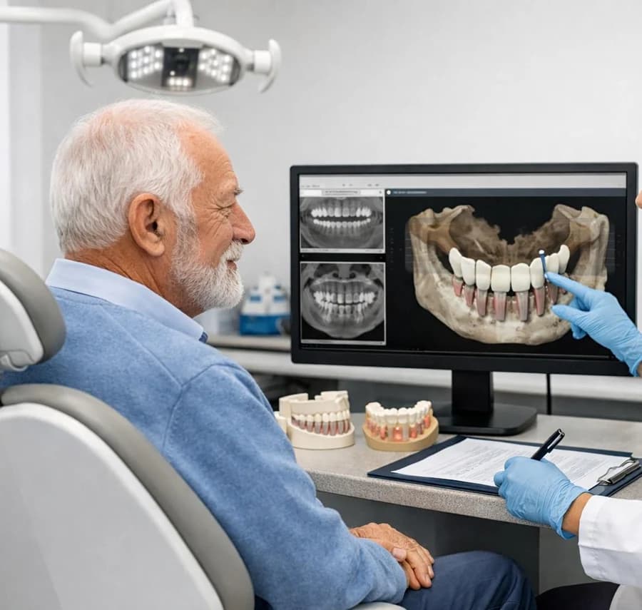 A patient reviewing a 3D restoration plan on screen with the dentist, study models on the desk