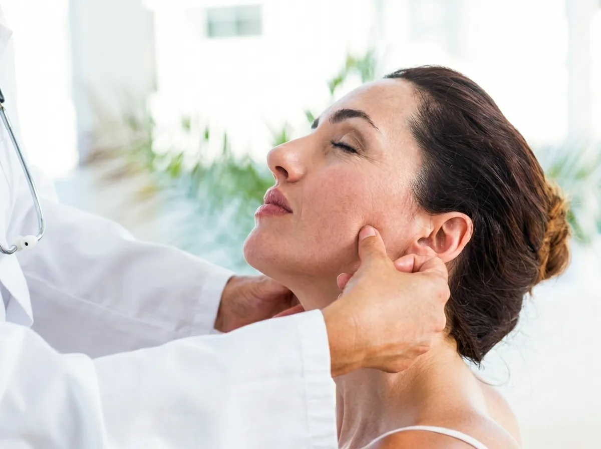 Dentist examining a patient's jaw joint for TMJ pain