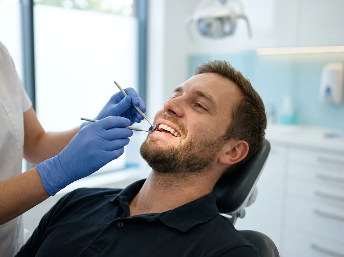 Relaxed patient smiling in the chair during a gentle dental exam