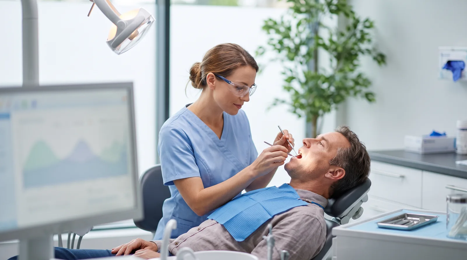 Can a dentist detect sleep apnea: dentist examining a patient's mouth and airway