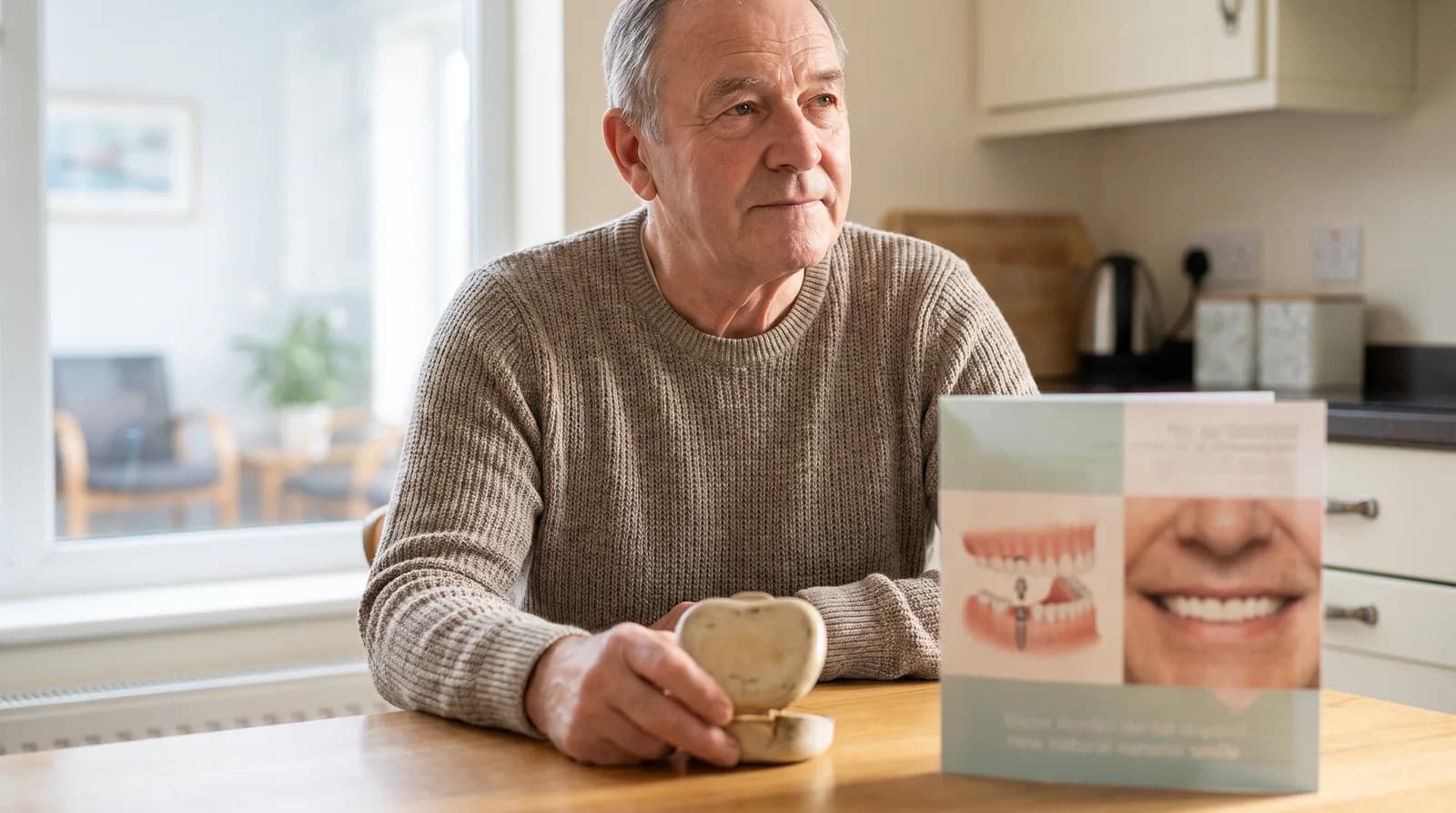 Long-time denture wearer asking about dental implants after wearing dentures