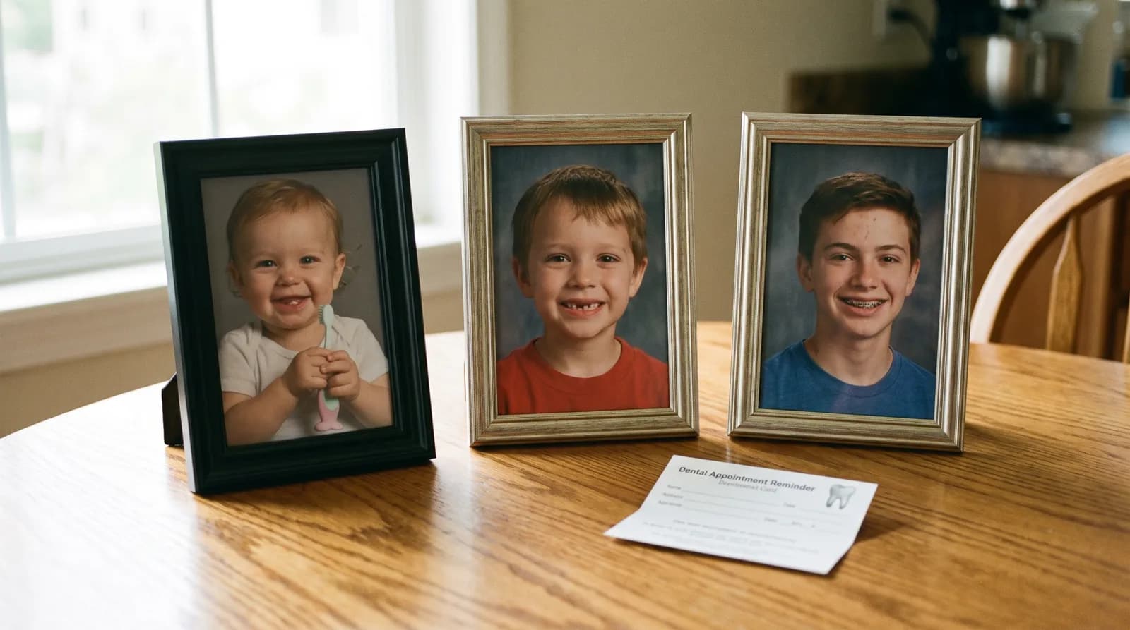 Children's dental care by age shown through framed photos of one child growing from baby to teen