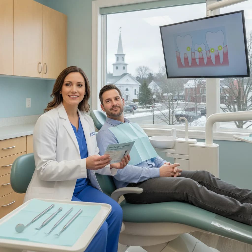Dental cleaning: a hygienist gently cleaning a relaxed patient's teeth at Peterborough Family Dental