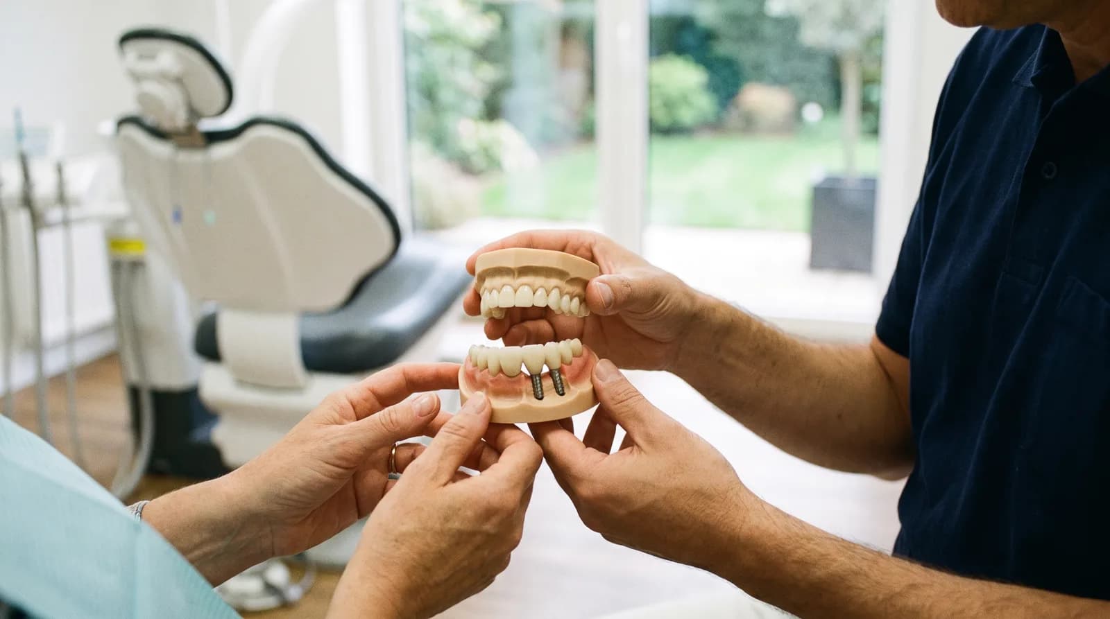 Dentist comparing an implant bridge vs traditional bridge using dental models