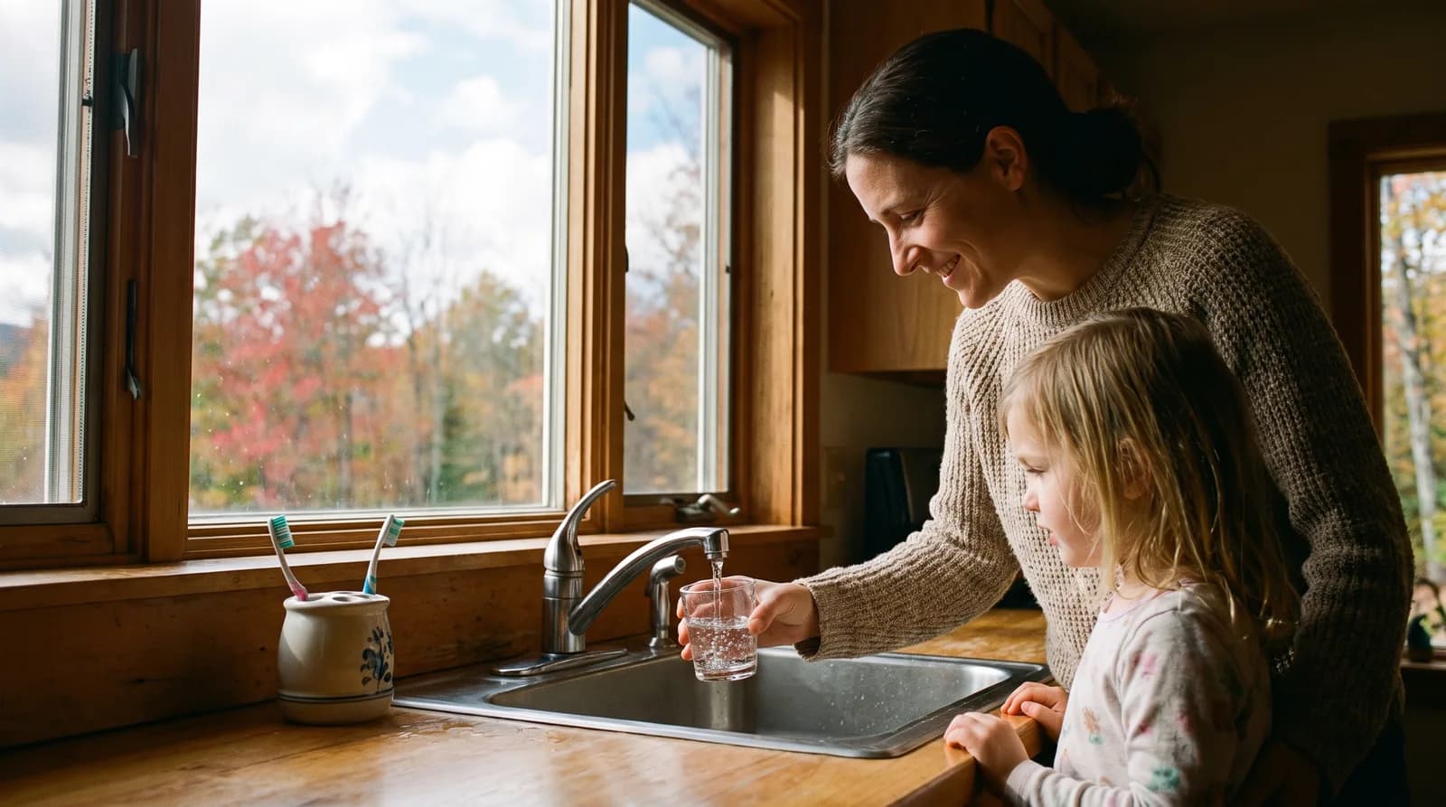 Peterborough NH water fluoride: a mother filling her daughter's glass with tap water in a New Hampshire kitchen