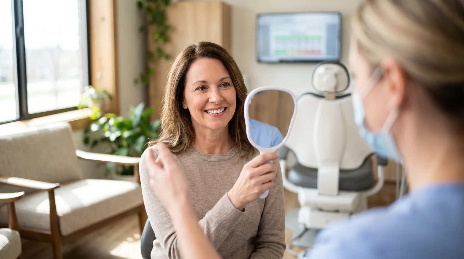 Patient admiring her restored smile in a mirror after dental implant treatment