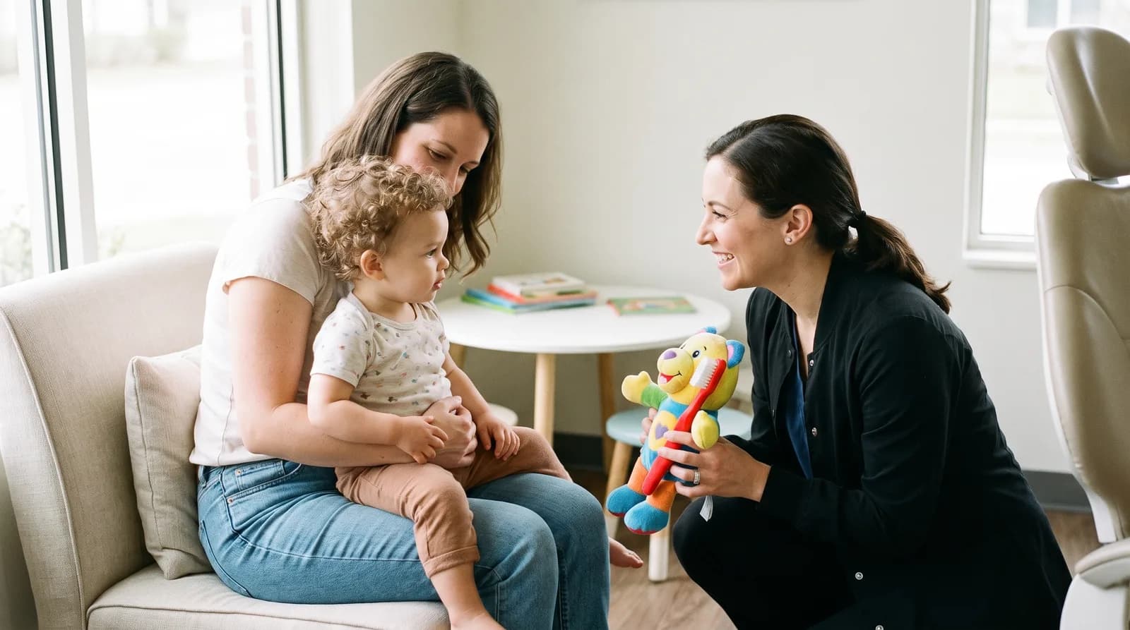 When should a child first see the dentist: a toddler meeting a friendly dentist on a parent's lap