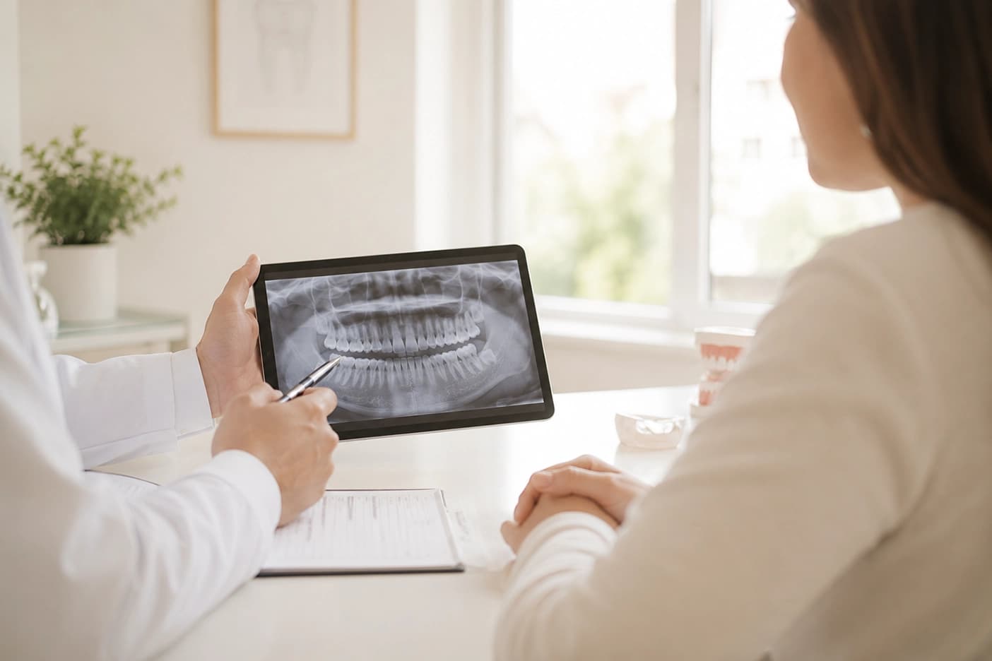 A dentist reviewing X-rays of the tooth with the patient before the extraction