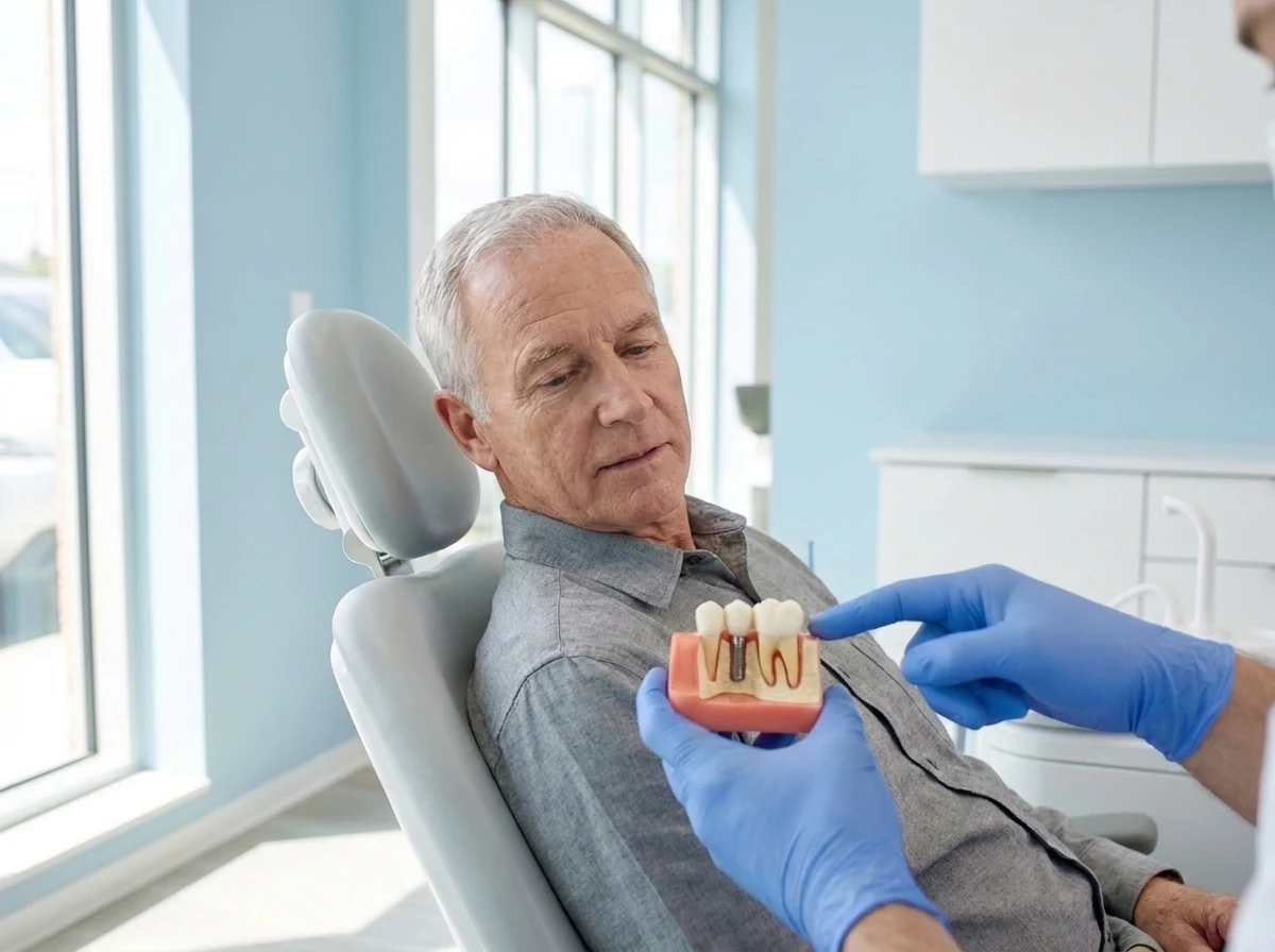 Dentist discussing implant versus bridge options with a patient