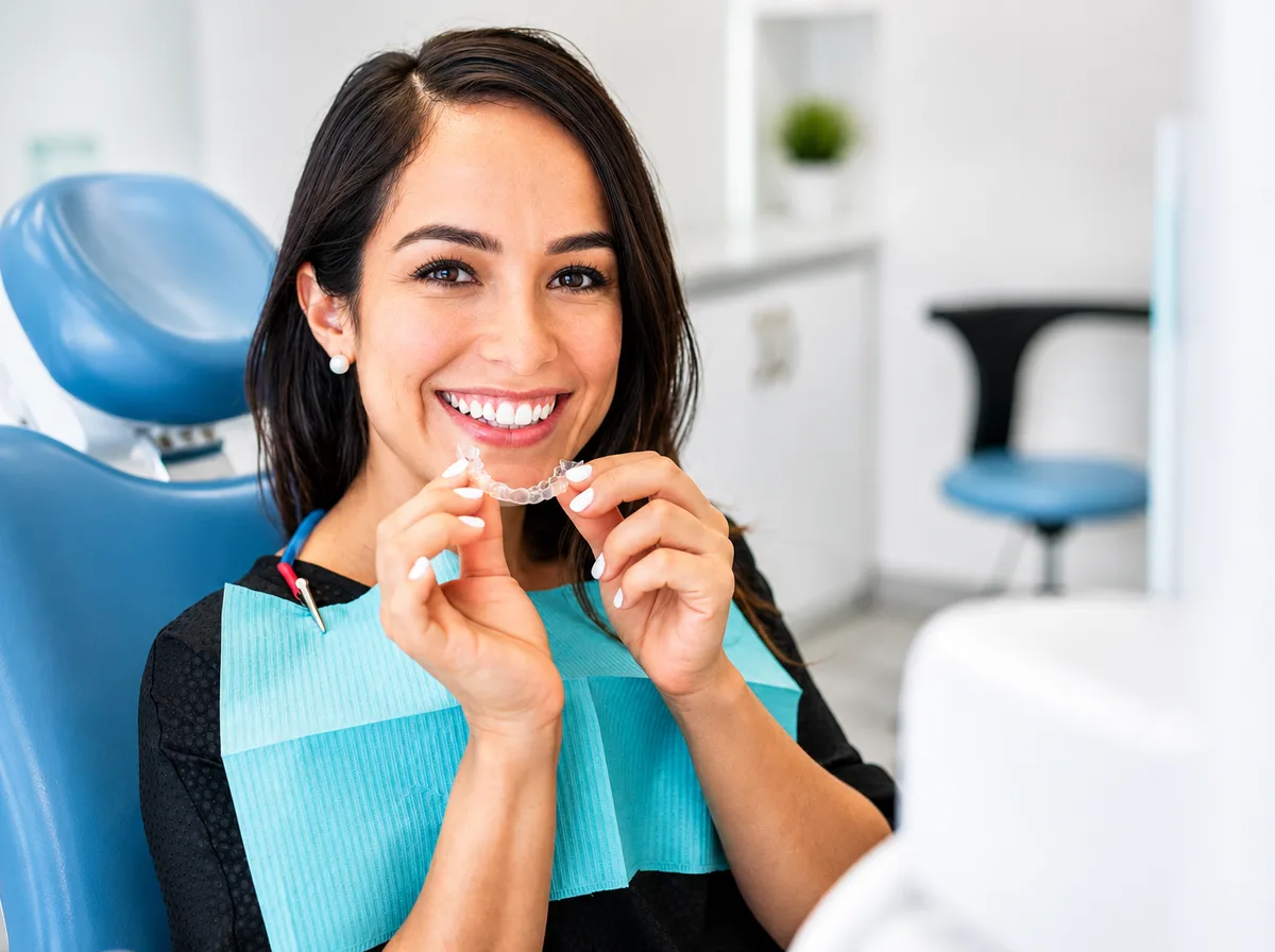 A smiling patient holding her clear aligner tray in the dental chair