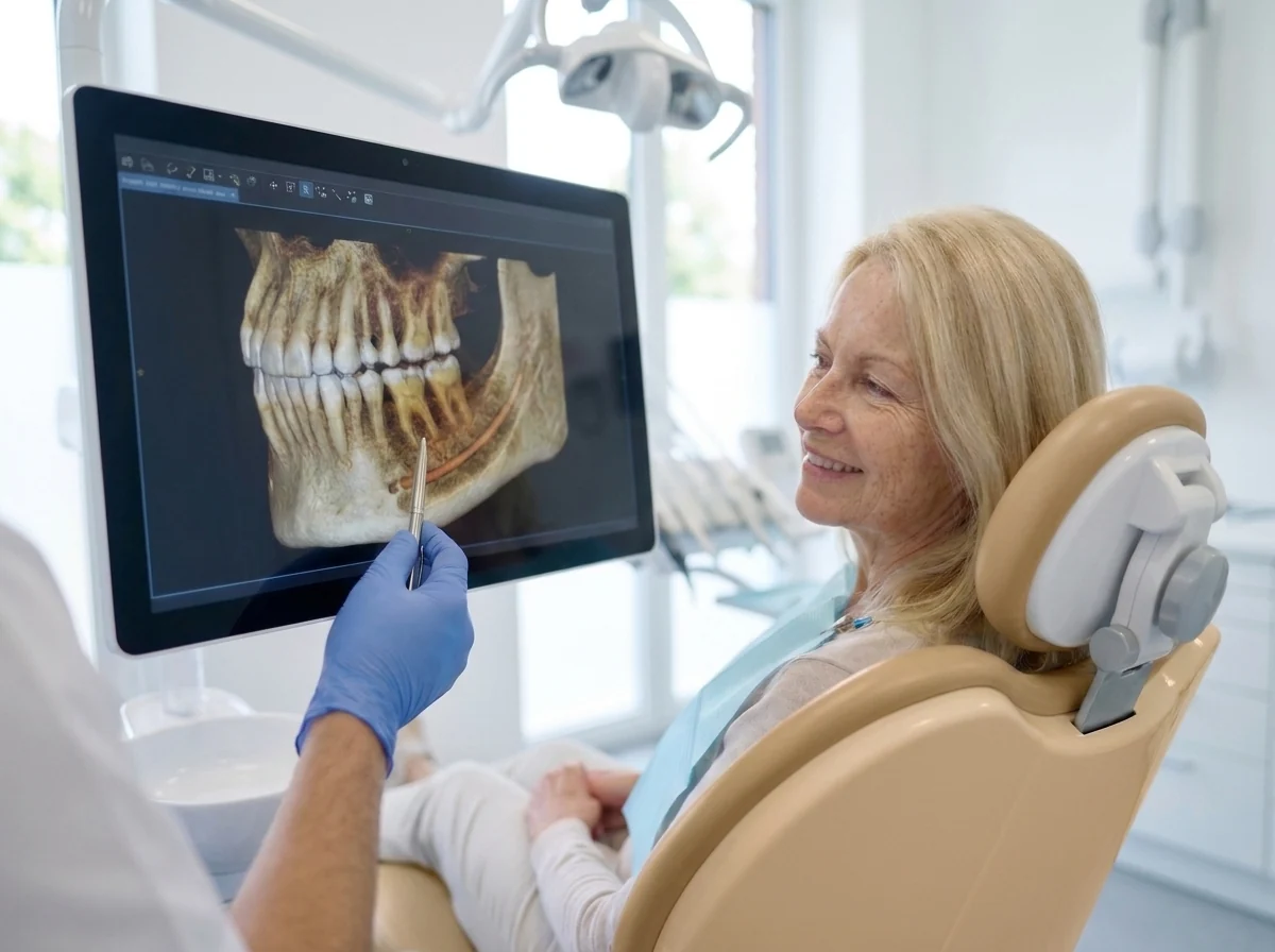 A dentist showing a patient her 3D jaw scan while planning implant treatment